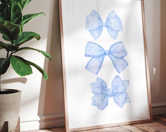 Arte de pared de lazo azul, arte de pared imprimible, descarga digital, estampados de moda, estampados de guardería, decoración de habitaciones para niños, decoración de habitaciones coquetas