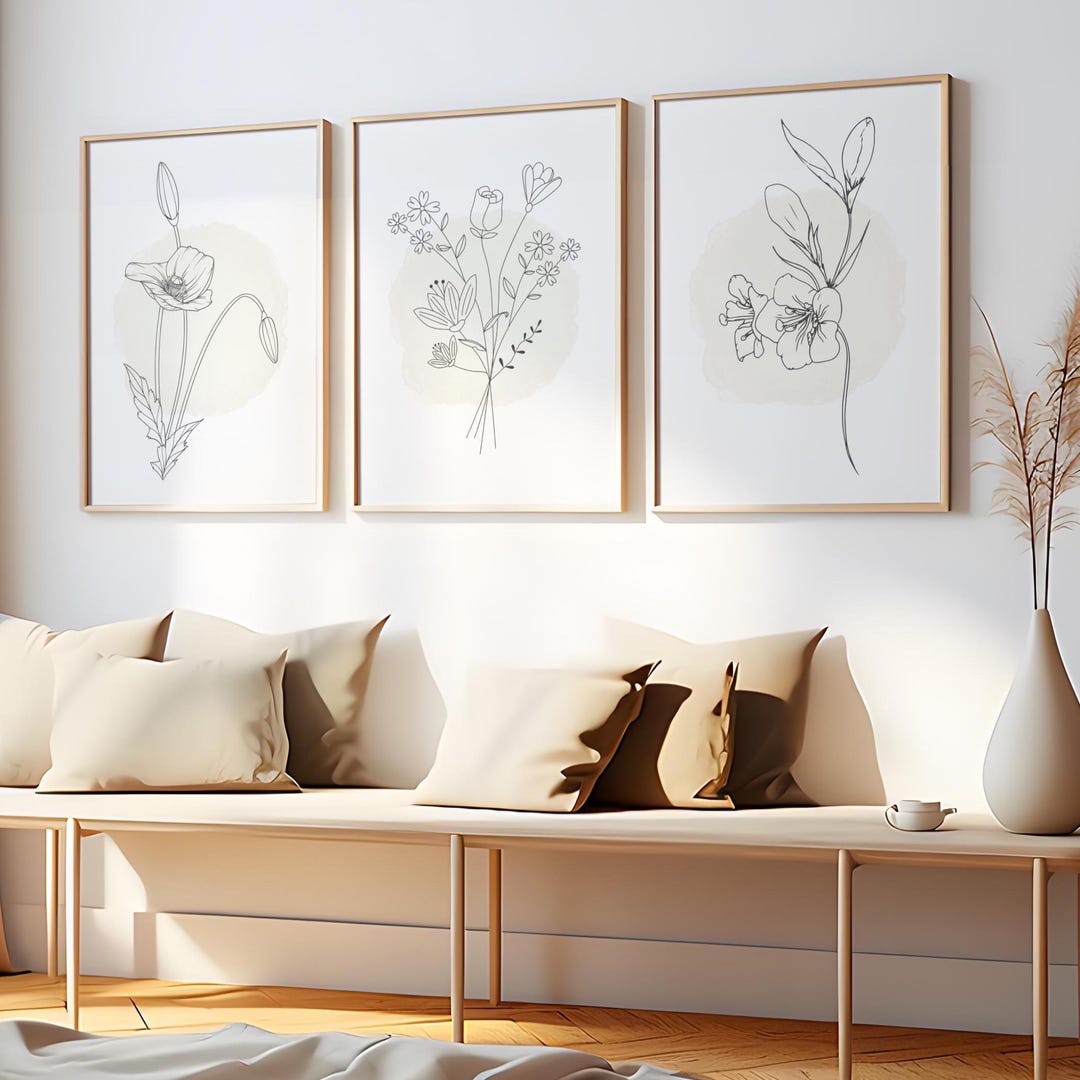 Botanical Line Art, Set of 3 Minimalist Floral Wall Art, Neutral ...