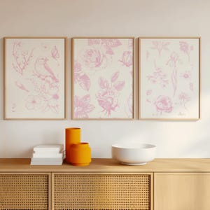 Pink Chinoiserie Botanical Wall Art Set of 3, Vintage Floral Prints, Printable Pink and White Wall Decor for Bathroom or Living Room