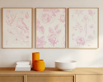 Zestaw 3 różowych wydruków artystycznych w stylu chinoiserie, botaniczna sztuka ścienna, vintage'owe kwiatowe nadruki, minimalistyczna sztuka ścienna, sztuka ścienna do sypialni