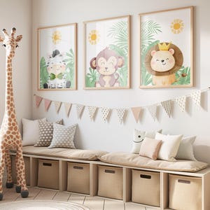 3er Set Safari-Kinderzimmer-Drucke, Dschungeltier-Wandkunst für Babyzimmer oder Kinderzimmer, Neutrales Safari-Dekor, Löwe Giraffe Elefant Poster-Set