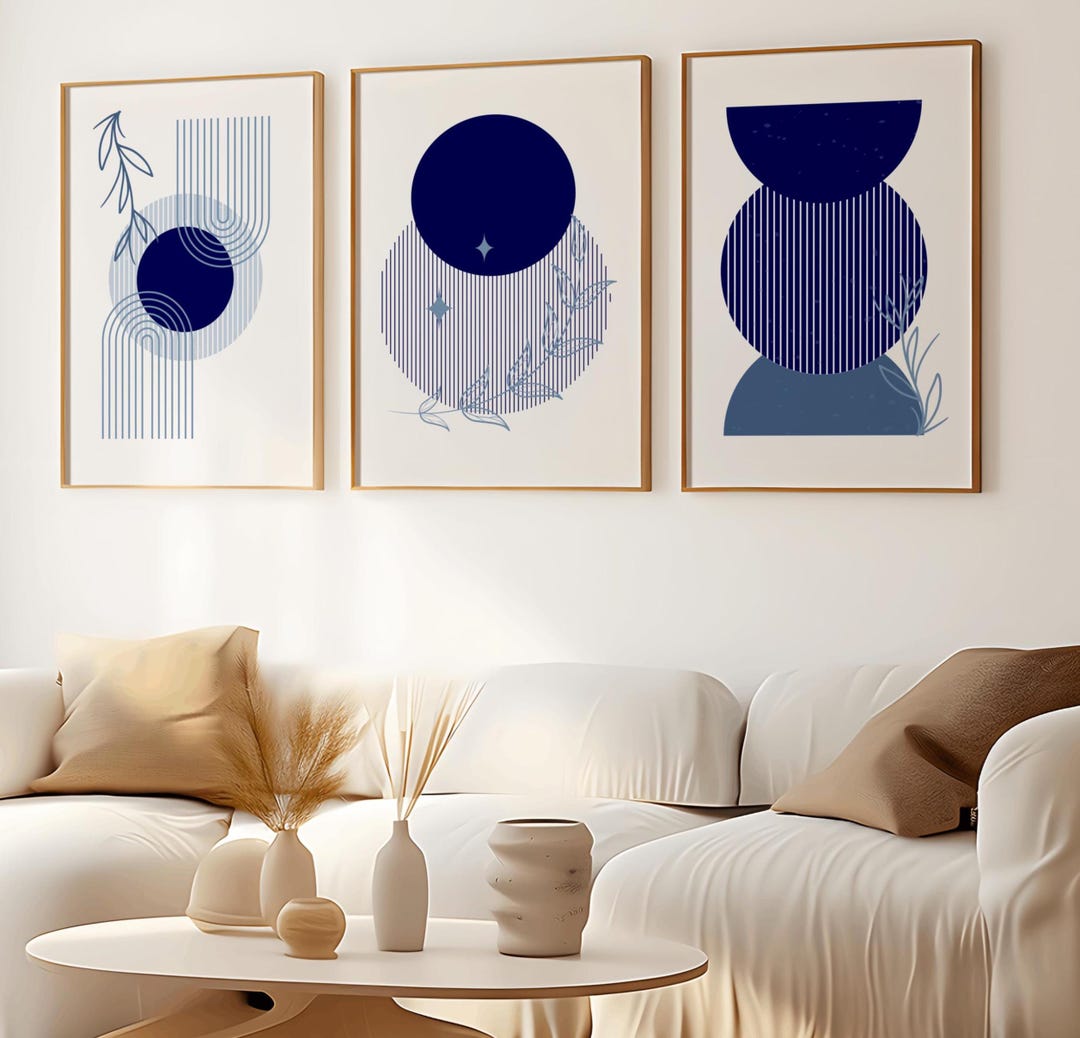Navy Blue Wall Art Set of 3 Prints, Modern Mid Century Blue Abstract ...