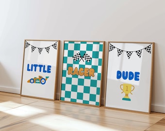 Racing Car Nursery Prints, Little Racer Dude Wall Art, Race Car Nursery, Boys Room Wall Art Prints Set of 3, Gift for Boys, Printable Art