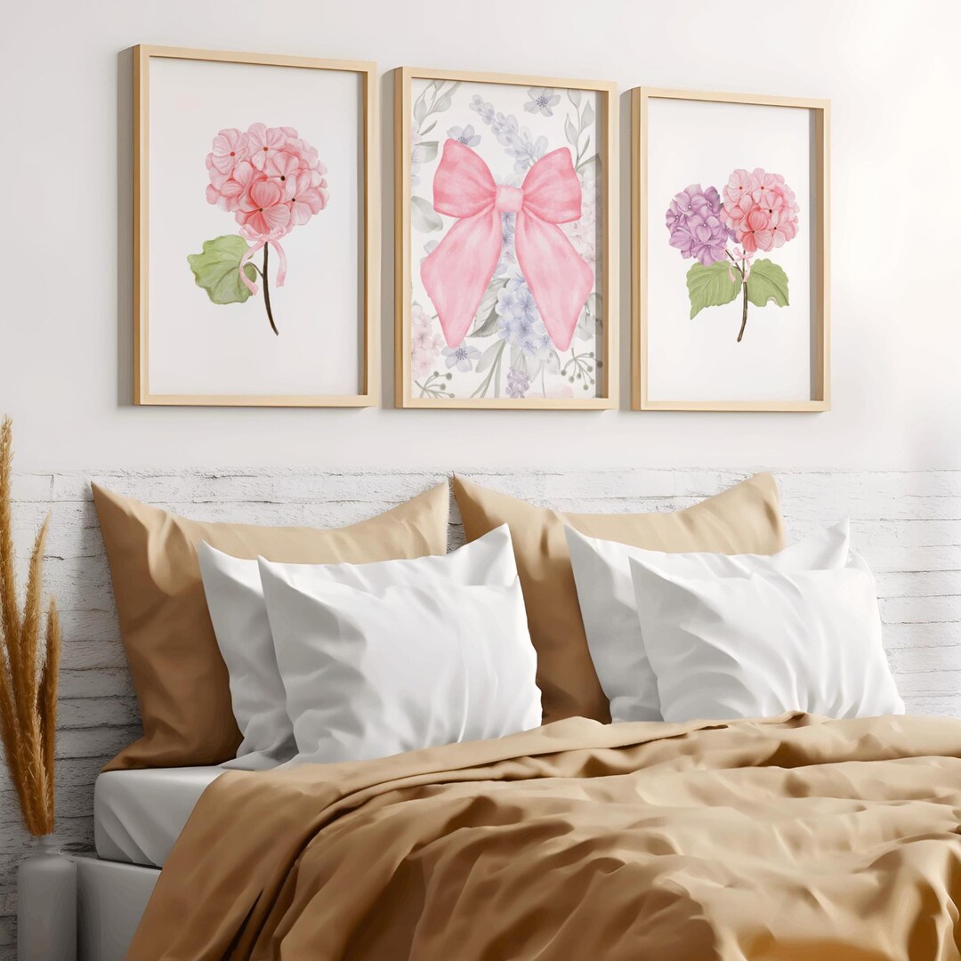 Dorm Wall Art Pink Set of 3 Hydrangeas, Preppy Room Decor, Trendy Pink ...