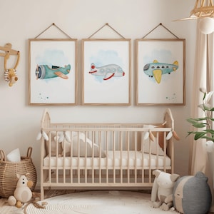 Vintage Airplane Nursery Prints, Boys Airplane Prints, Transportation Nursery Decor, Set of 3 Prints Boys Room Decor, Printable Wall Art