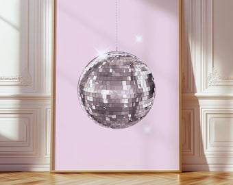 Disco Ball Wall Art, Pink Mirror Ball Print, Silver Disco Ball Poster, Retro Glam Wall Art (Digital Download)