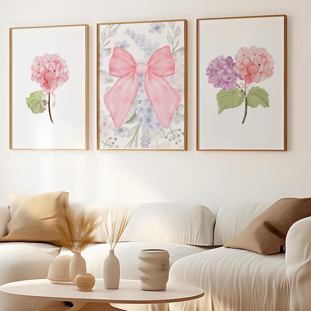 Dorm Wall Art Pink Set of 3 Hydrangeas, Preppy Room Decor, Trendy Pink ...