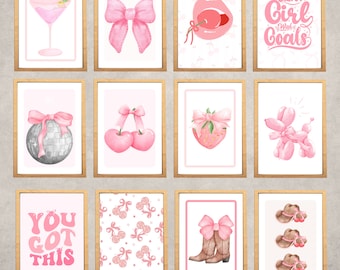 Pink Bows Coquette Poster Set - 4 Piece Disco Ball & Butterfly Wall Art, 8x12 Inch Unframed