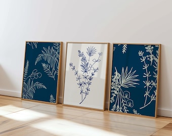 Set di 3 stampe murali Chinoiserie blu stampabili, stampe botaniche Chinoiserie, decorazioni per la casa di ispirazione asiatica, download digitale