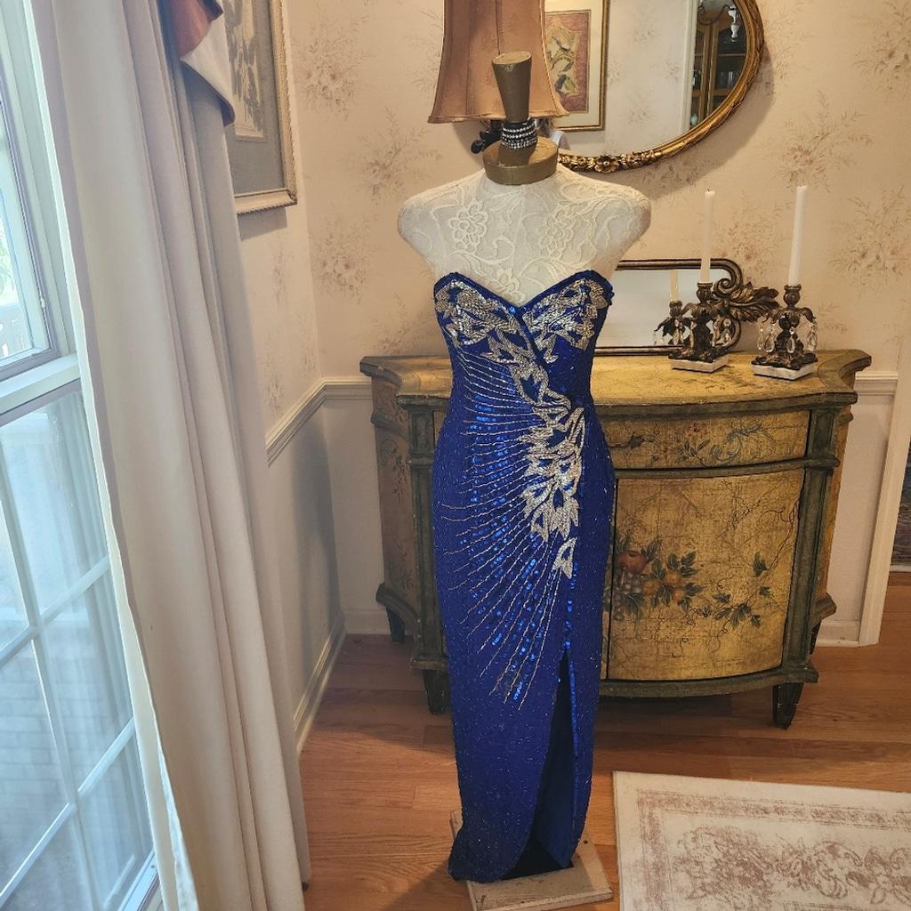 formal blue and silver dress Blue Velvet Sequin Long Prom Dress, Blue Formal Dress – shopluu main image 0