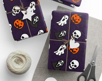 Purple Gothic Halloween Wrapping Paper: Ghosts, Skulls, Grim Reaper