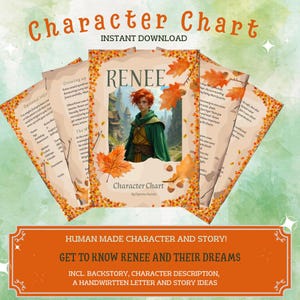 Op de afbeelding: Een karakterkaart met de titel "Character Chart" met de naam "Renee" in het midden. De kaart toont een portret van een persoon met rood haar en een groene mantel, omringd door herfstbladeren. De kaart bevat de tekst "Instant Download".