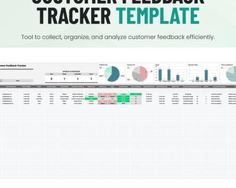 Könnte beinhalten: Eine digitale Vorlage zur Nachverfolgung von Kundenfeedback mit Tabellenlayout, Dateneingabespalten, Zusammenfassungstabellen und visuellen Diagrammen. Der Text lautet CUSTOMER FEEDBACK TRACKER TEMPLATE.