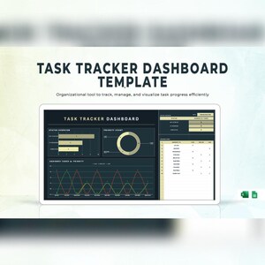 Peut inclure: Un modèle de tableau de bord de suivi des tâches affiché sur un écran. L'interface comprend un graphique à barres d'aperçu du statut, un graphique en anneau de priorité, un graphique linéaire des tâches et un tableau récapitulatif des tâches.