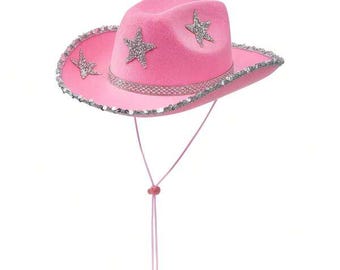 Pink Felt Cowboy Hat With Feather Boa Trim & Rhinestone Band  display picture 3