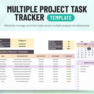 K&ouml;nnte beinhalten: Eine digitale Vorlage zur Nachverfolgung mehrerer Projektaufgaben mit Tabellenlayout, das Spalten f&uuml;r Aufgaben, Beschreibungen, Daten und Status enth&auml;lt. Es umfasst einen Monatskalender f&uuml;r April 2024 sowie eine Liste &uuml;berf&auml;lliger Aufgaben.