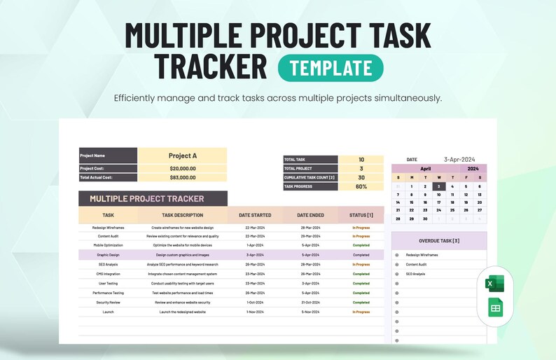 K&ouml;nnte beinhalten: Eine digitale Vorlage zur Nachverfolgung mehrerer Projektaufgaben mit Tabellenlayout, das Spalten f&uuml;r Aufgaben, Beschreibungen, Daten und Status enth&auml;lt. Es umfasst einen Monatskalender f&uuml;r April 2024 sowie eine Liste &uuml;berf&auml;lliger Aufgaben.