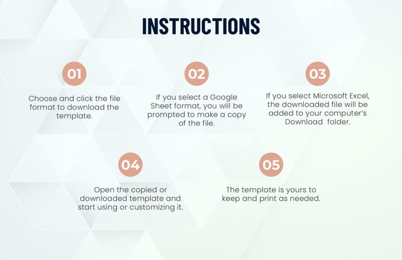 K&ouml;nnte beinhalten: Eine Anleitungsgrafik mit der &Uuml;berschrift INSTRUCTIONS und f&uuml;nf nummerierten Schritten in pfirsichfarbenen Kreisen. Der Text erkl&auml;rt den Prozess: 1. Dateiformat w&auml;hlen und anklicken. 2. Google Sheet kopieren. 3. Excel-Datei herunterladen. 4. &Ouml;ffnen und anpassen. 5. Behalten und ausdrucken.