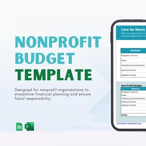 Może przedstawiać: Cyfrowy szablon budżetu organizacji non-profit wyświetlany na ekranie smartfona, zawierający sekcje dotyczące przychodów, sprzedaży i składek. Tekst brzmi NONPROFIT BUDGET TEMPLATE i zawiera ikony oprogramowania do arkuszy kalkulacyjnych.