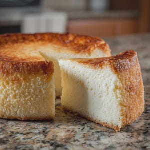 May include: A sliced cheesecake with a golden-brown crust and a creamy, off-white interior. One slice is separated from the rest of the cake, showcasing the texture. The cake sits on a speckled countertop.