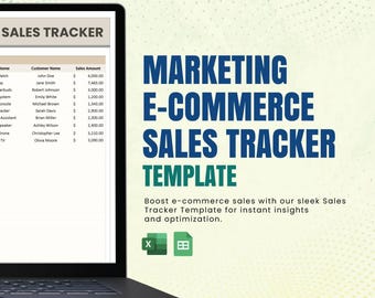 Könnte beinhalten: Ein Laptop zeigt eine digitale Vertriebs-Tracking-Tabelle mit Spalten für Kundennamen und Verkaufsbeträge. Der Text lautet Marketing E-Commerce Sales Tracker Template, ergänzt durch Symbole für Excel und Google Sheets zur Datenverwaltung.