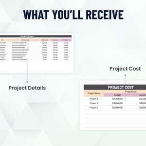 K&ouml;nnte beinhalten: Eine digitale Vorlage mit dem Titel WHAT YOU'LL RECEIVE, die zwei Tabellen enth&auml;lt. Die obere Tabelle ist mit Project Details beschriftet und enth&auml;lt Spalten f&uuml;r Projektname, Aufgabe, Beschreibung, Daten und Status. Die untere Tabelle ist mit Project Cost beschriftet und enth&auml;lt Spalten f&uuml;r Projektname, Budget und tats&auml;chliche Kosten.