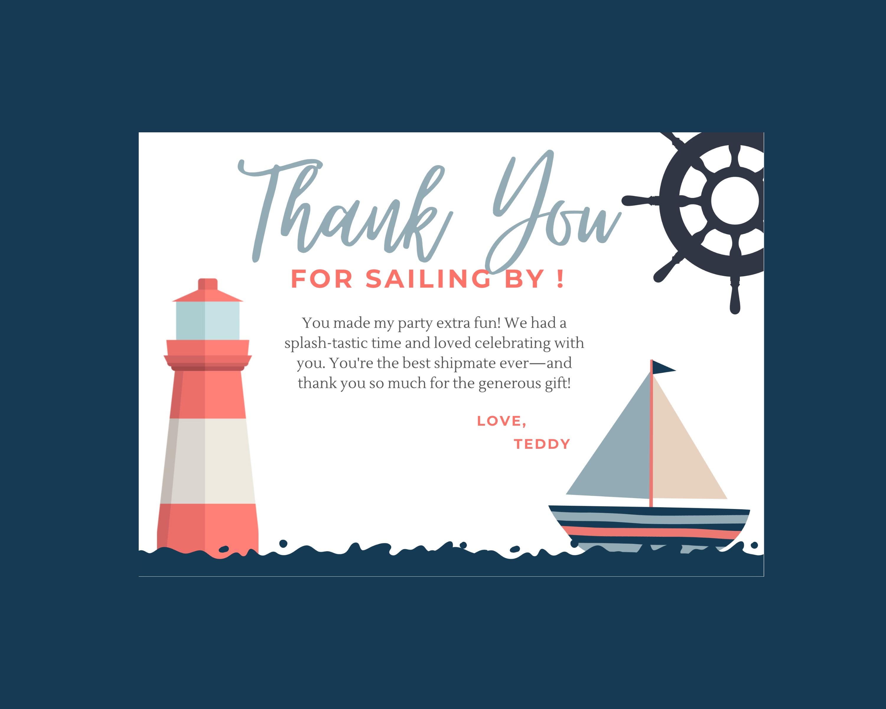 Nautical Thank You Card Navy Red Sailor Theme Printable Editable Canva ...