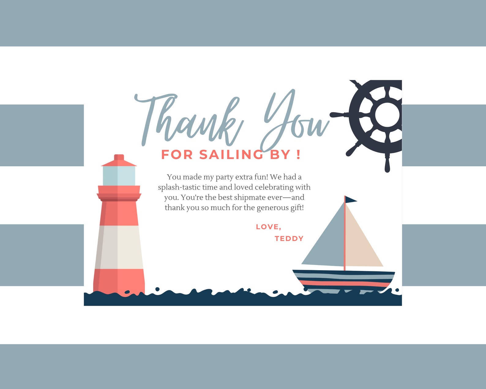 Nautical Thank You Card Navy Red Sailor Theme Printable Editable Canva ...