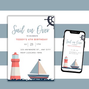 Nautical Birthday Invitation Boy Sailor Party Invite Printable Editable Digital Template Boat Ocean Theme 1st 2nd 3rd 4th 5th Birthday Bash