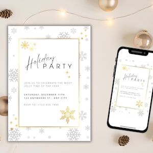 Holiday Party Invitation Christmas Party Invite Festive Digitial Christmas Evite Winter Wonderland Modern Winter Holiday Gold Invitation