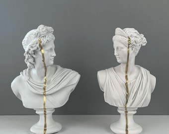 Apollo & Diana Gold Strip Bust Statue, 32 cm - 12.5 in, Artemis Sculpture, Greek Mythology