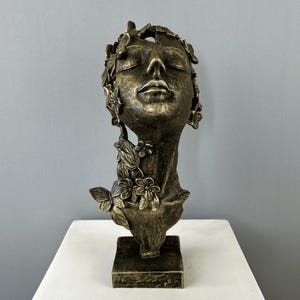 Flower Lady Bust Statue, 30 cm - 11.8 in, Abstract Face Bust Sculpture, Statue Decor, Gift for Her