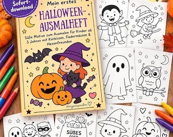 Op de afbeelding: Een kleurboek getiteld Mein erstes HALLOWEEN-AUSMALHEFT met een heks, pompoenen en een kat op de omslag, omringd door verschillende zwart-wit kleurplaten met geesten, uilen en andere Halloween-figuren.