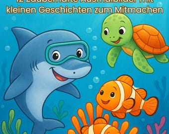 Ozean Ausmalbuch für Kinder — Digitaler Download — Unterwasserwelt mit Hai, Wal & Schildkröte — Malspaß mit Mitmach-Geschichten