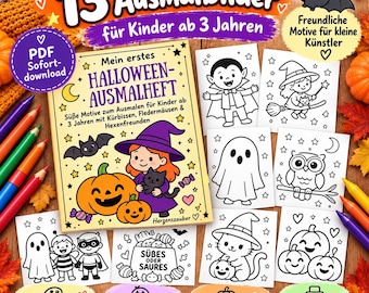 May include: A digital coloring book titled Mein erstes HALLOWEEN-AUSMALHEFT featuring 13 pages of illustrations including a witch, pumpkins, a black cat, a ghost, an owl, and a bat. The cover displays the text Sübes oder Saures.