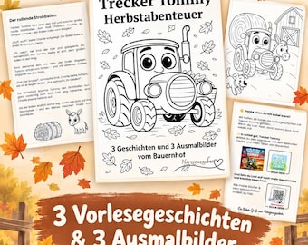 Può includere: Un set di attività digitali intitolato Trecker Tommy Herbstabenteuer che include tre storie e tre pagine da colorare. Le pagine mostrano un trattore, un asino e un cane, con testo in tedesco e codici QR per contenuti extra.
