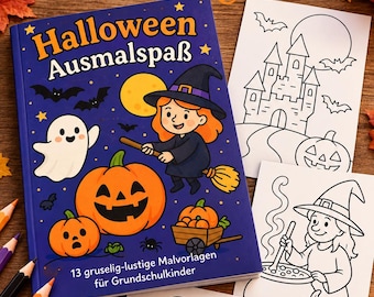 May include: A Halloween coloring book titled Halloween Ausmalspaß featuring a witch on a broomstick, pumpkins, and a ghost on the cover, accompanied by three black and white coloring pages showing a castle, a witch, and jack-o'-lanterns.