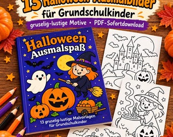May include: A Halloween coloring book titled Halloween Ausmalspaß featuring a witch on a broomstick, a ghost, and pumpkins on a blue cover, accompanied by three black and white coloring pages showing a castle, a witch, and jack-o'-lanterns.