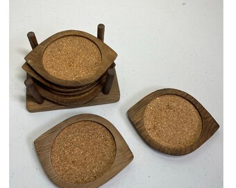 Vintage Taiwan Wooden Cork Coasters Set Mid Century Modern Set of 6 w Holder
