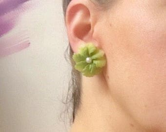 Vintage Green Flower with pearl statement earrings