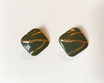 v Vintage green and gold square statement earrings