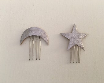 Metallic Silver Leather Moon and Star hair mini combs