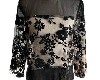 Lace sz 12 Sheer Floral Sequin Top Victorian Whimsigoth Dark Fairy Goth Blouse