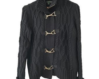 Lauren Ralph Lauren M Black Cable Fireman Clasp Cardigan Hardware Sweater 380