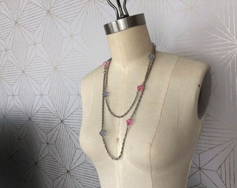 Vintage Sarah Coventry silver tone pink and blue long necklace signed