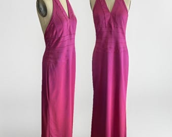 90s Y2K Sz 12 Papell Boutique Hot Pink Satin Halter Maxi Gown Dress Formal Prom