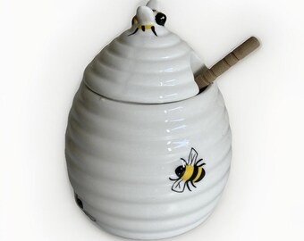 Ceramic Bee Honey Jar Wooden Dipper Beehive Kitchen Decor Cottagecore Farmhouse