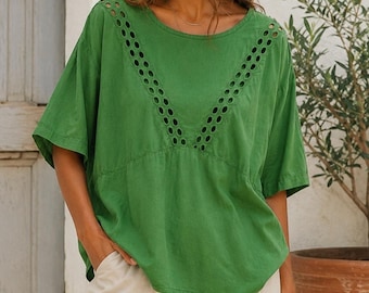 Vintage Green Eyelet Shirt Top 100% Cotton Medium made in Pakistan Quirky 1980s