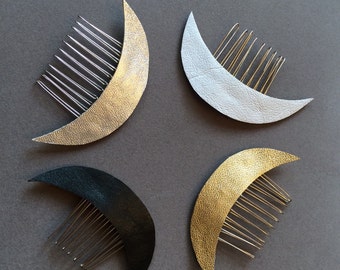 Leather Crescent Moon Celestial hair comb