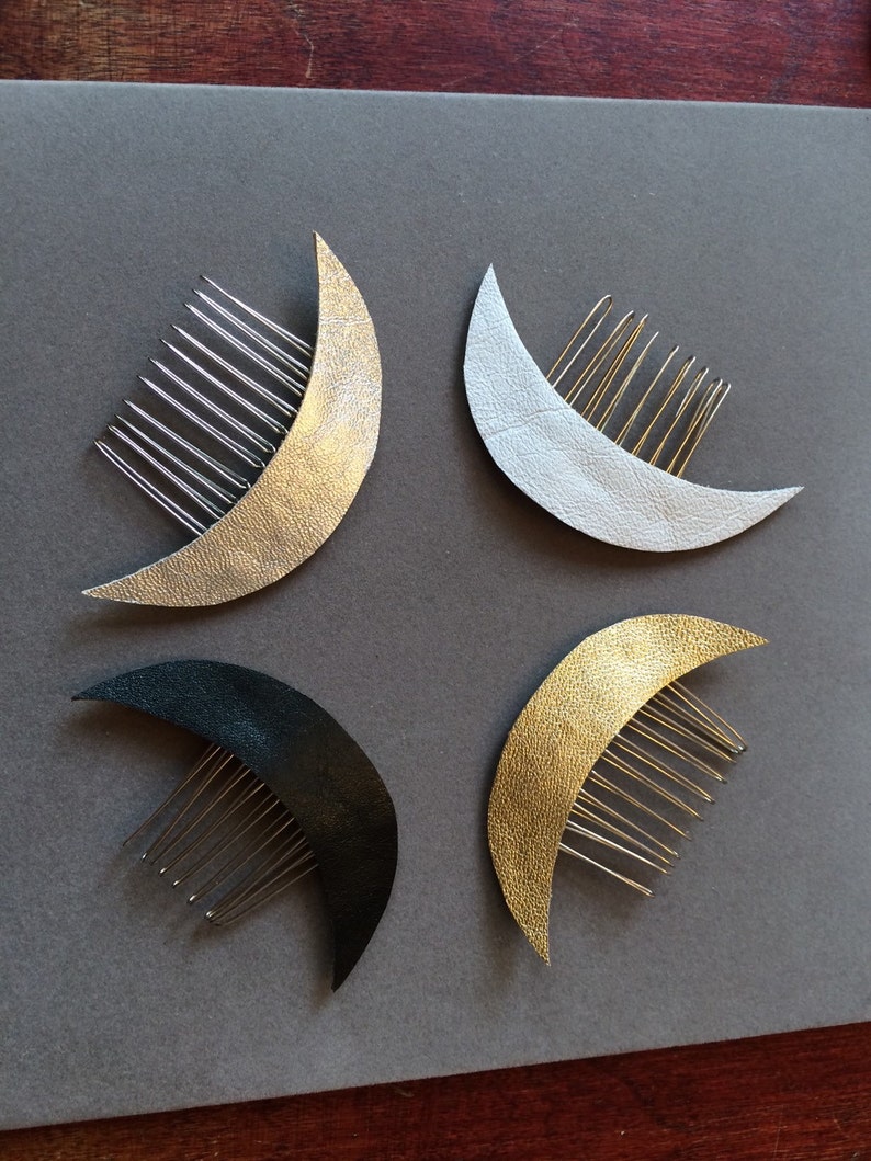 Leather Crescent Moon Celestial hair comb image 1